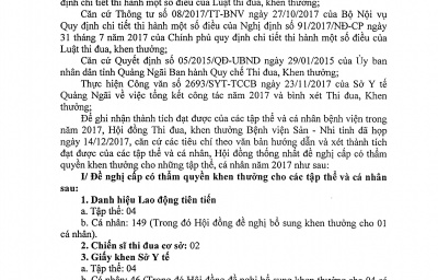 Thông báo 44/TB-BVSN về kết quả bình xét thi đua khen thưởng năm 2017